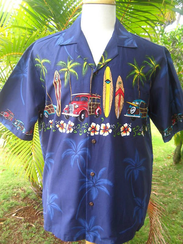 NEW NAVY WOODY CARS & SURFBOARDS Palm Tree Mens Hawaii Hawaiian Aloha 