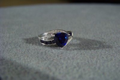   10 K WHITE GOLD 11 LAB CREATED BLUE SAPPHIRE 12 DIAMOND BRIDGE RING 7