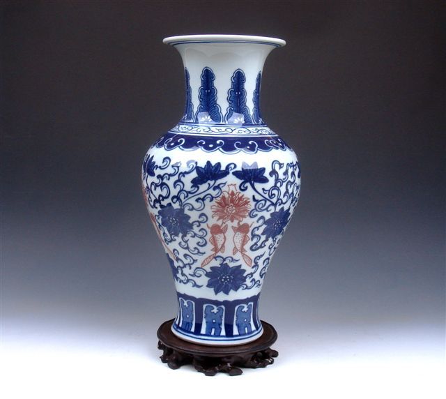 Blue&White Ox Blood Red Flower Fish Painted Vase 11 H  